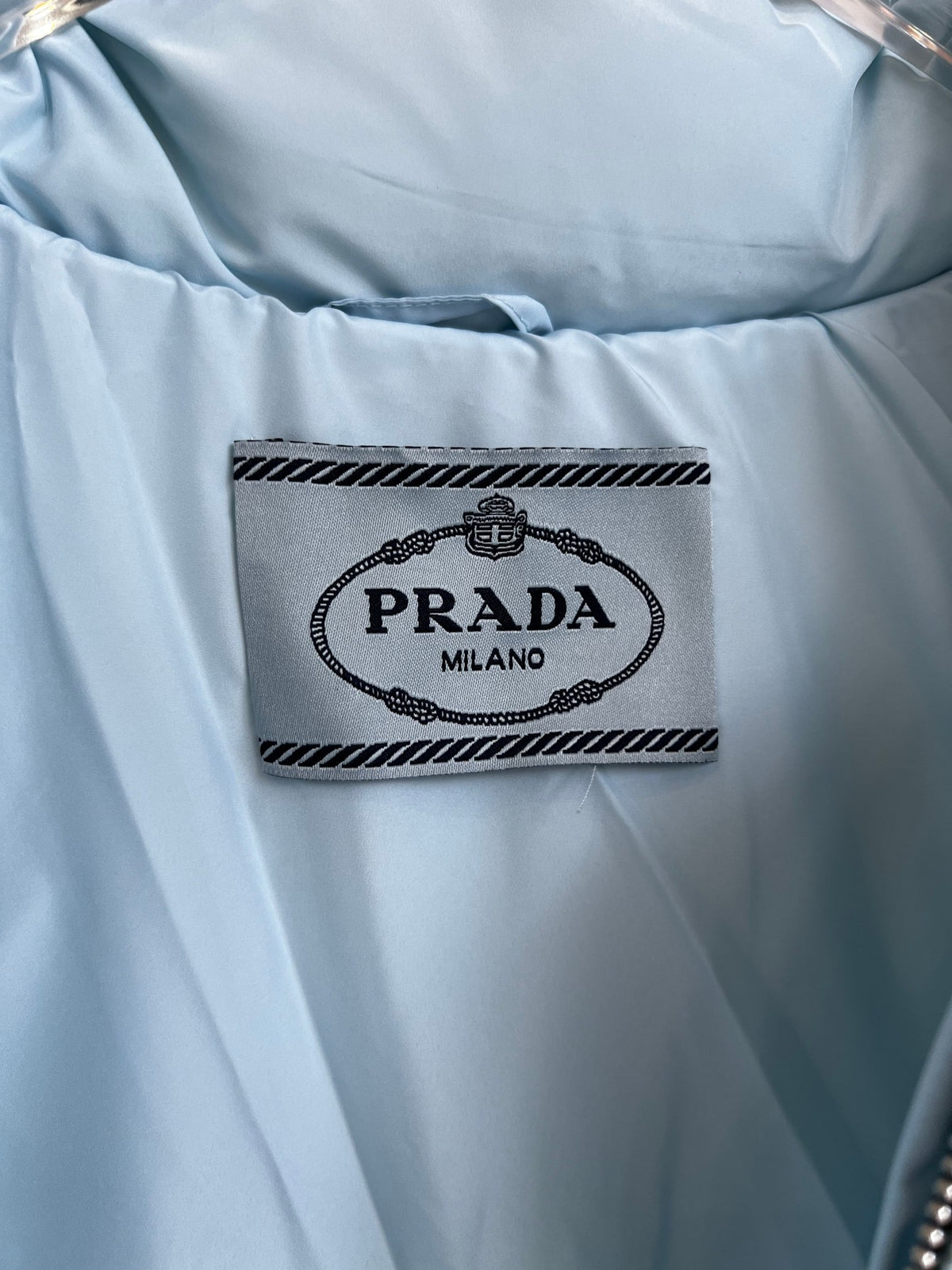 Prada Light Blue Cropped Puffer Jacket with Stand Collar