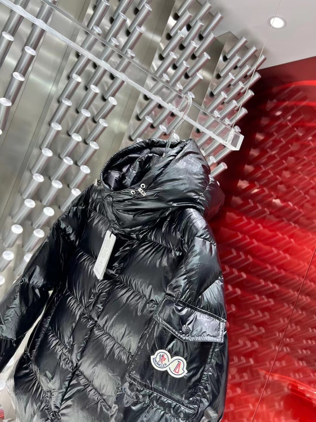 Moncler Black Glossy Hooded Puffer Jacket with Double Sleeve Patches