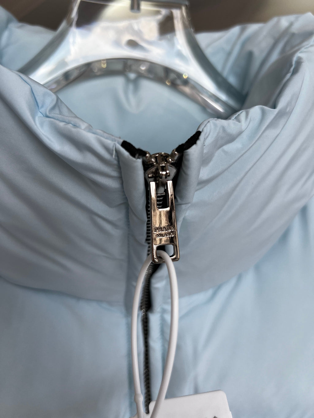 Prada Light Blue Cropped Puffer Jacket with Stand Collar