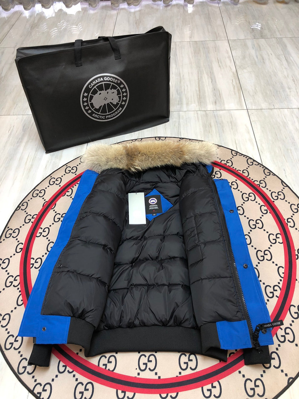Canada Goose Blue Hooded Bomber Jacket with Textured Trim