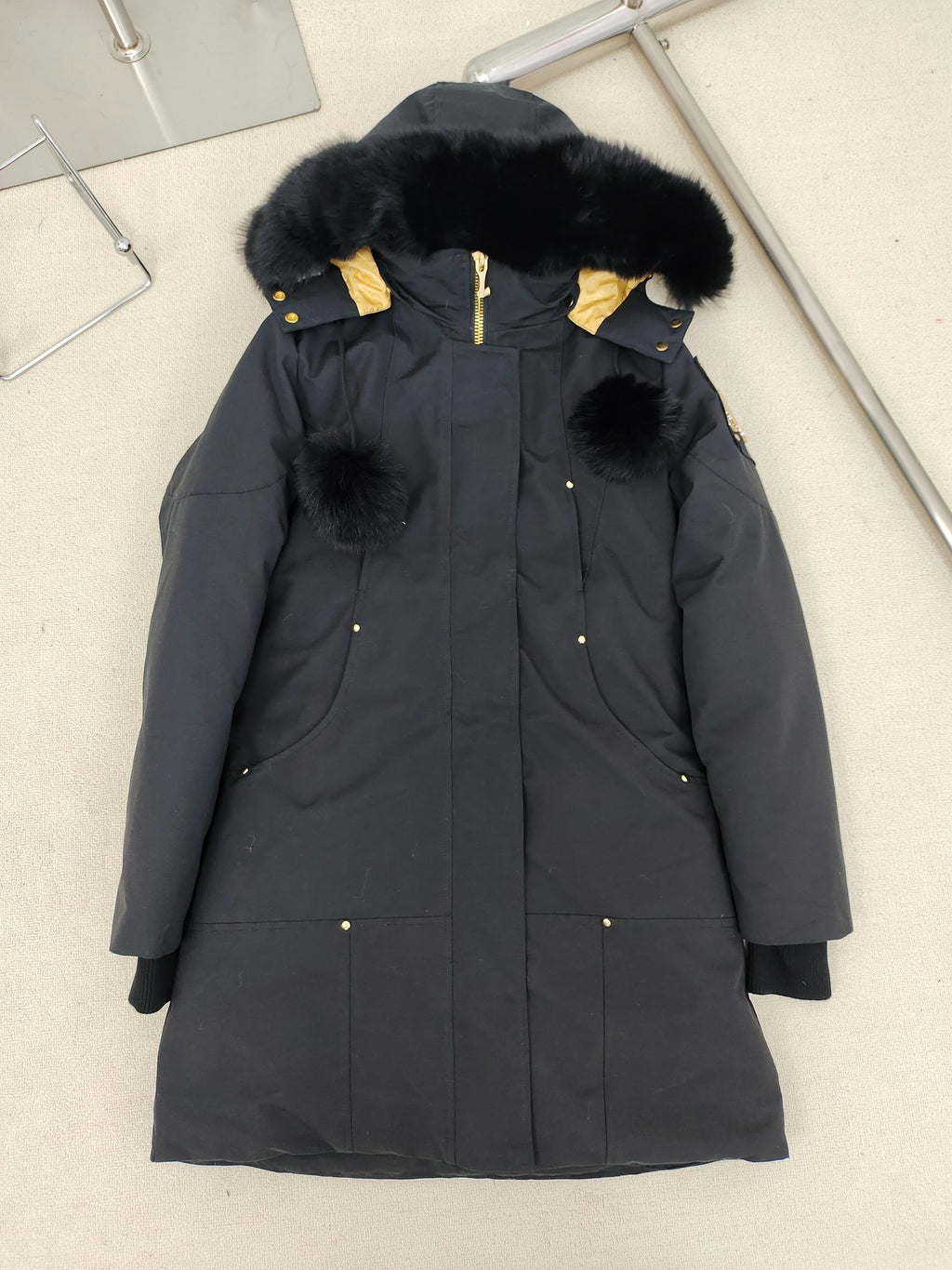 Moose Knuckles Black Hooded Long Parka with Gold-Tone Details