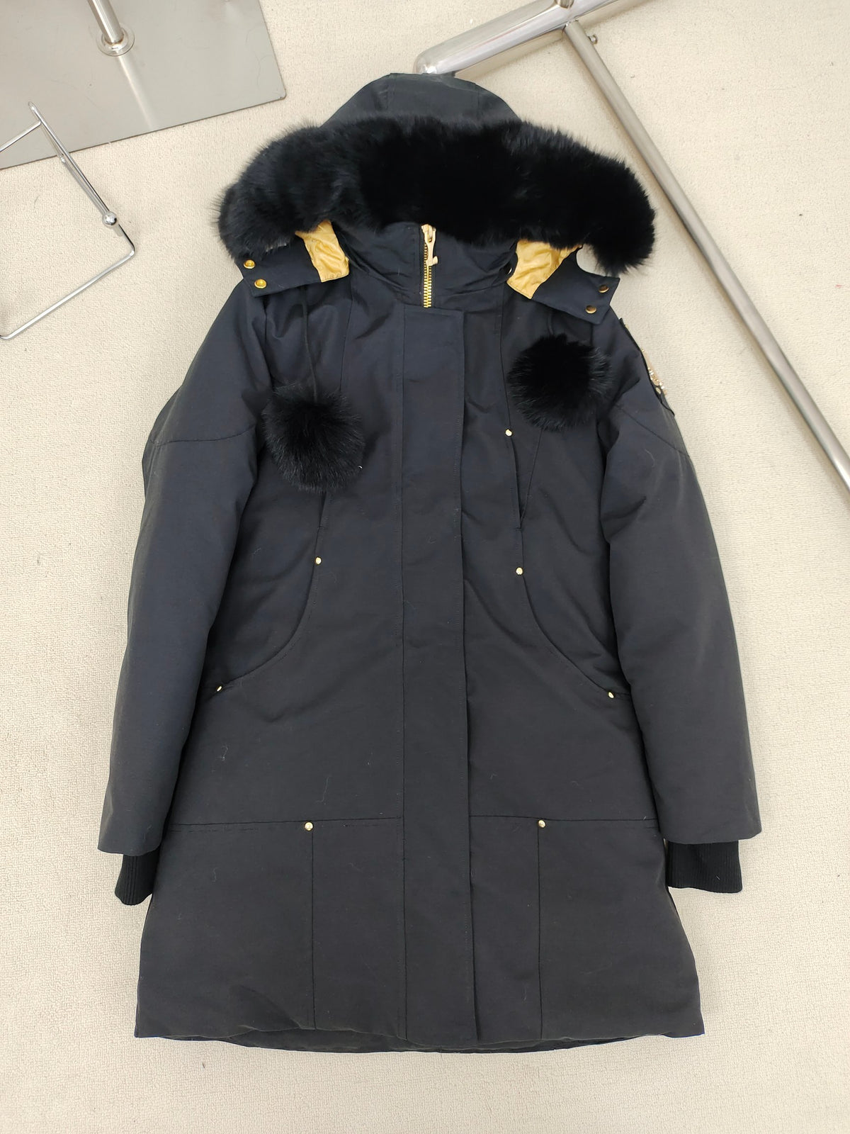 Moose Knuckles Black Hooded Long Parka with Gold-Tone Details