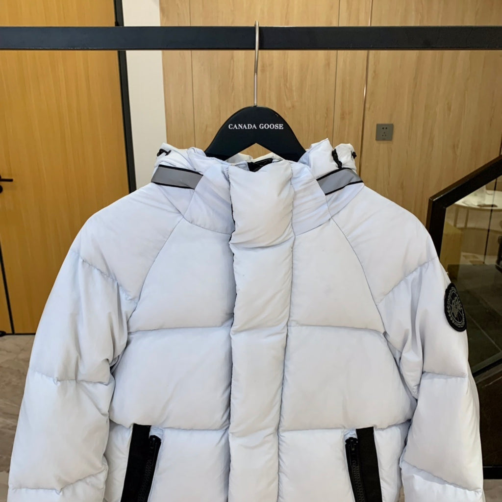 Canada Goose White Hooded Quilted Puffer Jacket with Black Trim