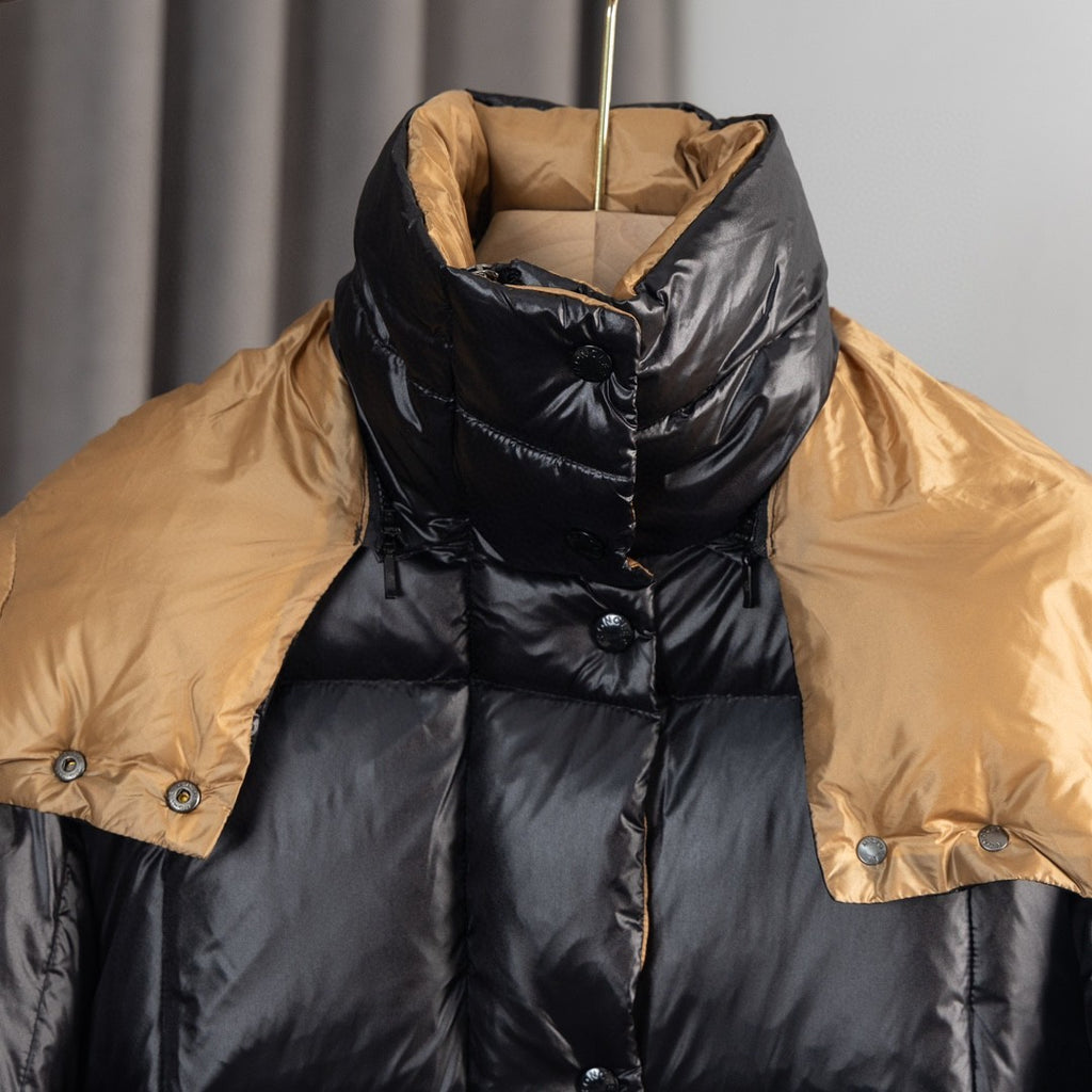 Moncler Black Glossy Puffer Jacket with Gold Contrast Details