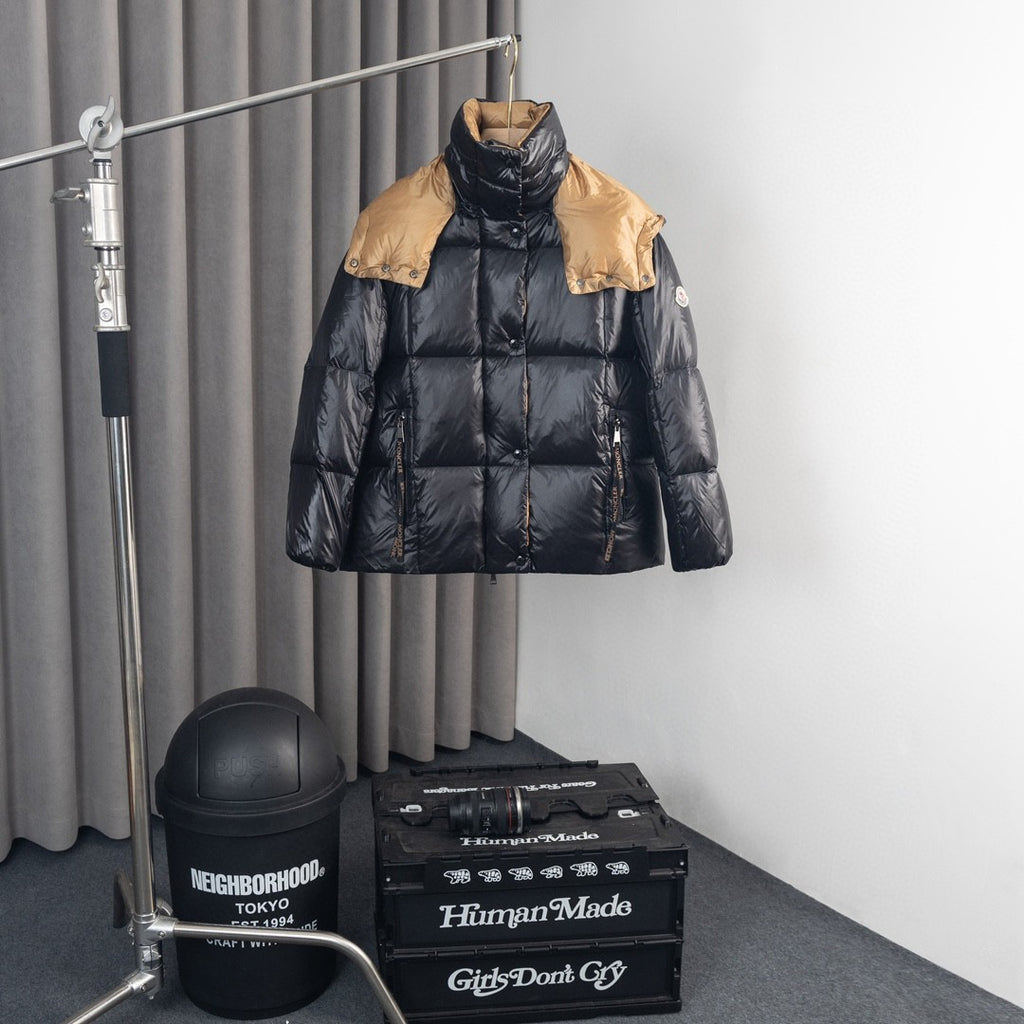 Moncler Black Glossy Puffer Jacket with Gold Contrast Details