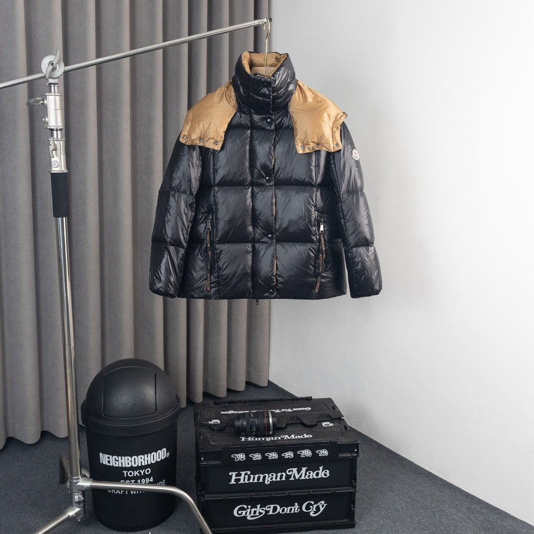 Moncler Black Glossy Puffer Jacket with Gold Contrast Details