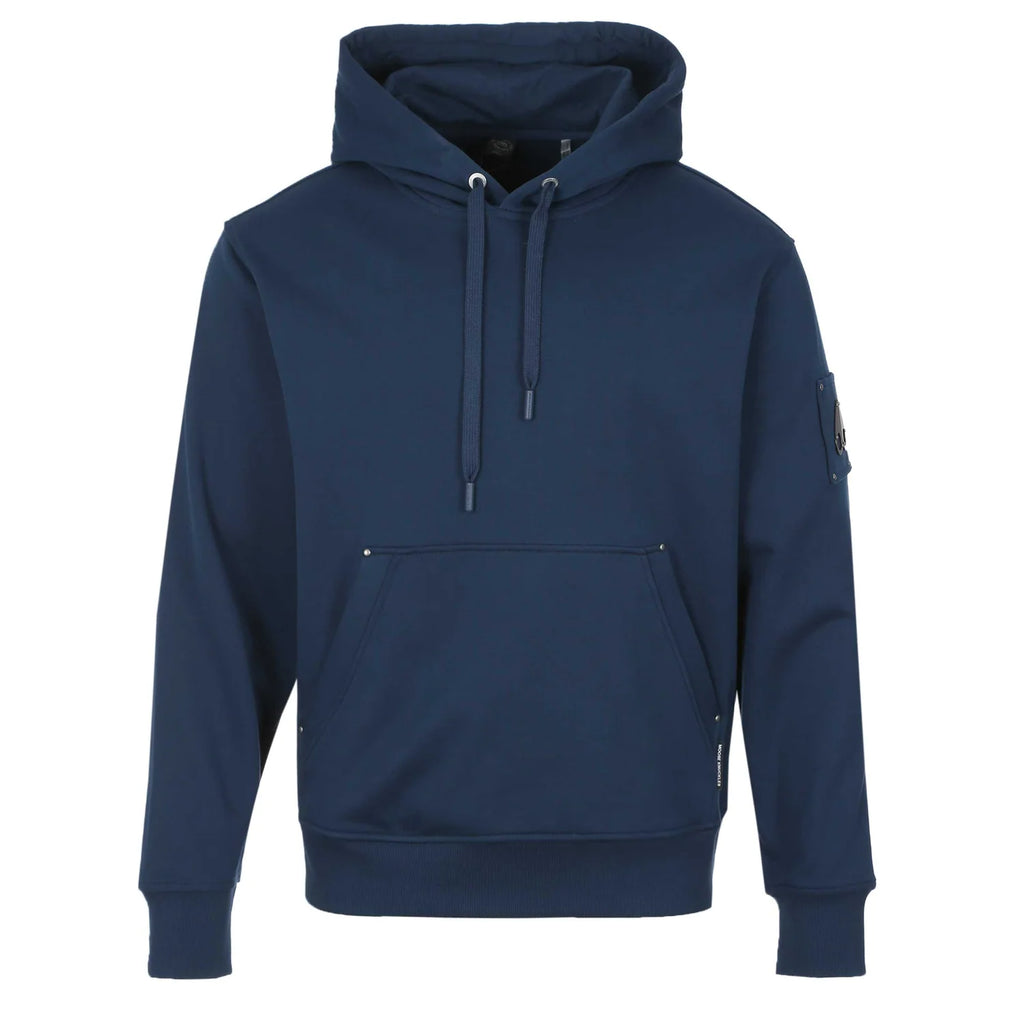 Moose Knuckles Navy Blue Pullover Hoodie with Sleeve Emblem