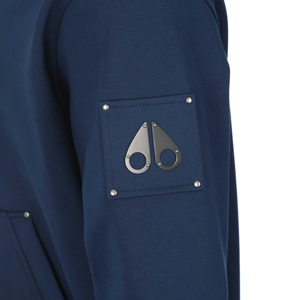 Moose Knuckles Navy Blue Pullover Hoodie with Sleeve Emblem