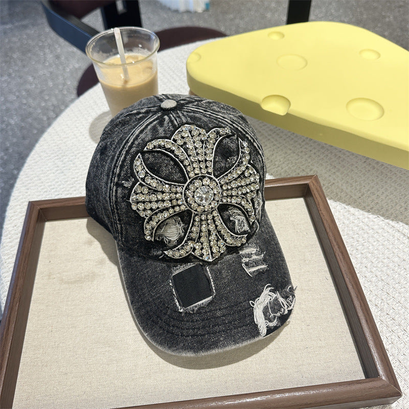 Rhinestone Cross Distressed Denim Baseball Cap Vintage Y2K Women Hat