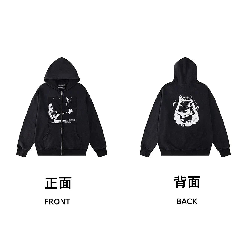 ERD Graphic Print Zip-Up Hoodie — Black