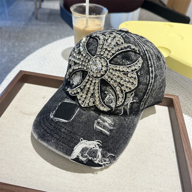 Rhinestone Cross Distressed Denim Baseball Cap Vintage Y2K Women Hat