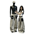 Leopard Print Curved Wide Leg High Waist Baggy Denim Jeans