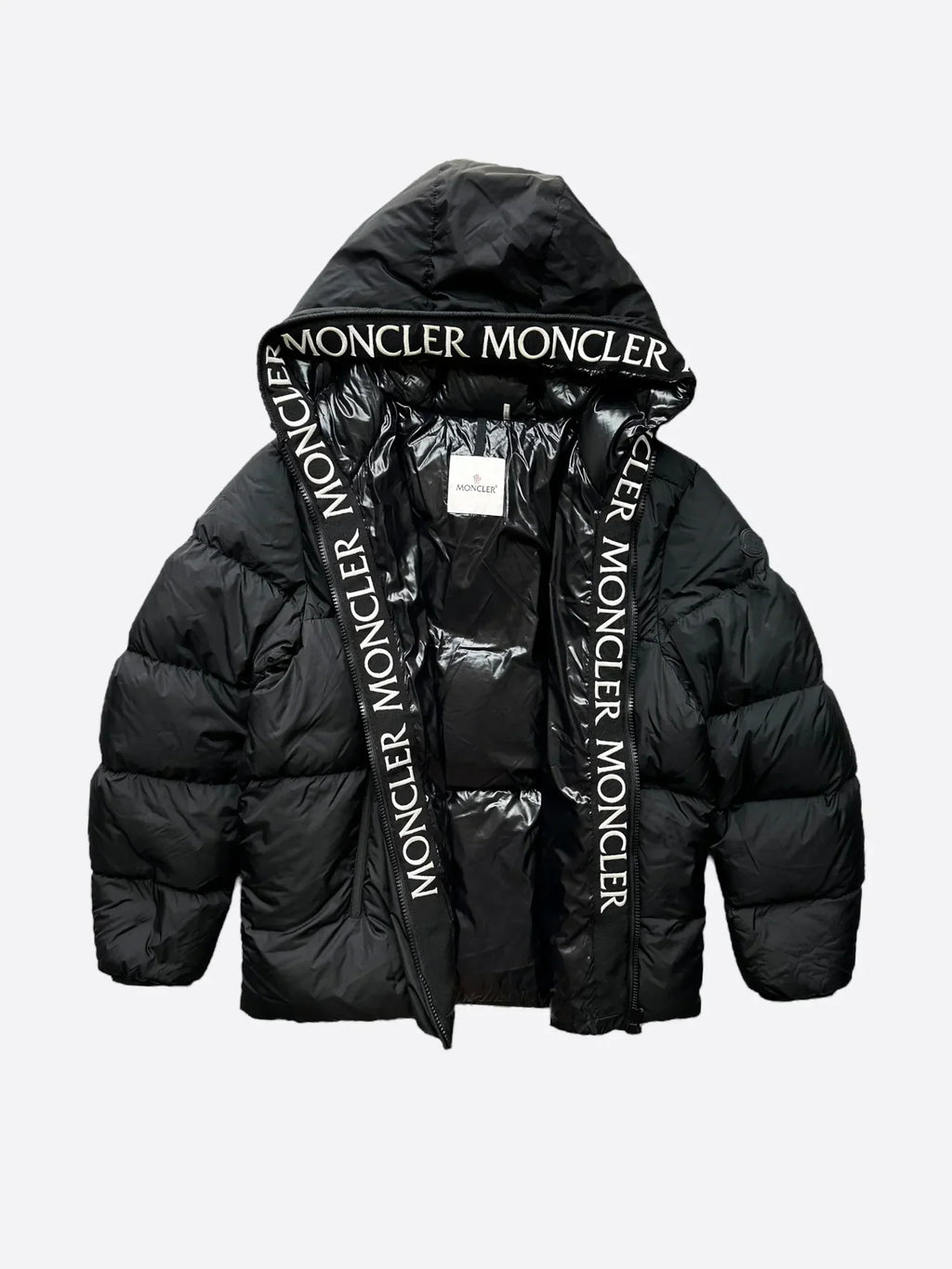 Moncler Black Hooded Puffer Jacket with Logo Lettering