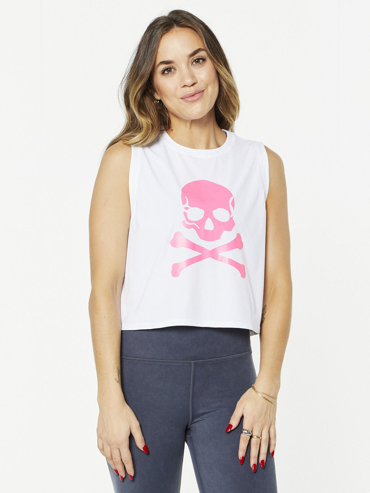 WHITE RENEE TANK PINK SKULL