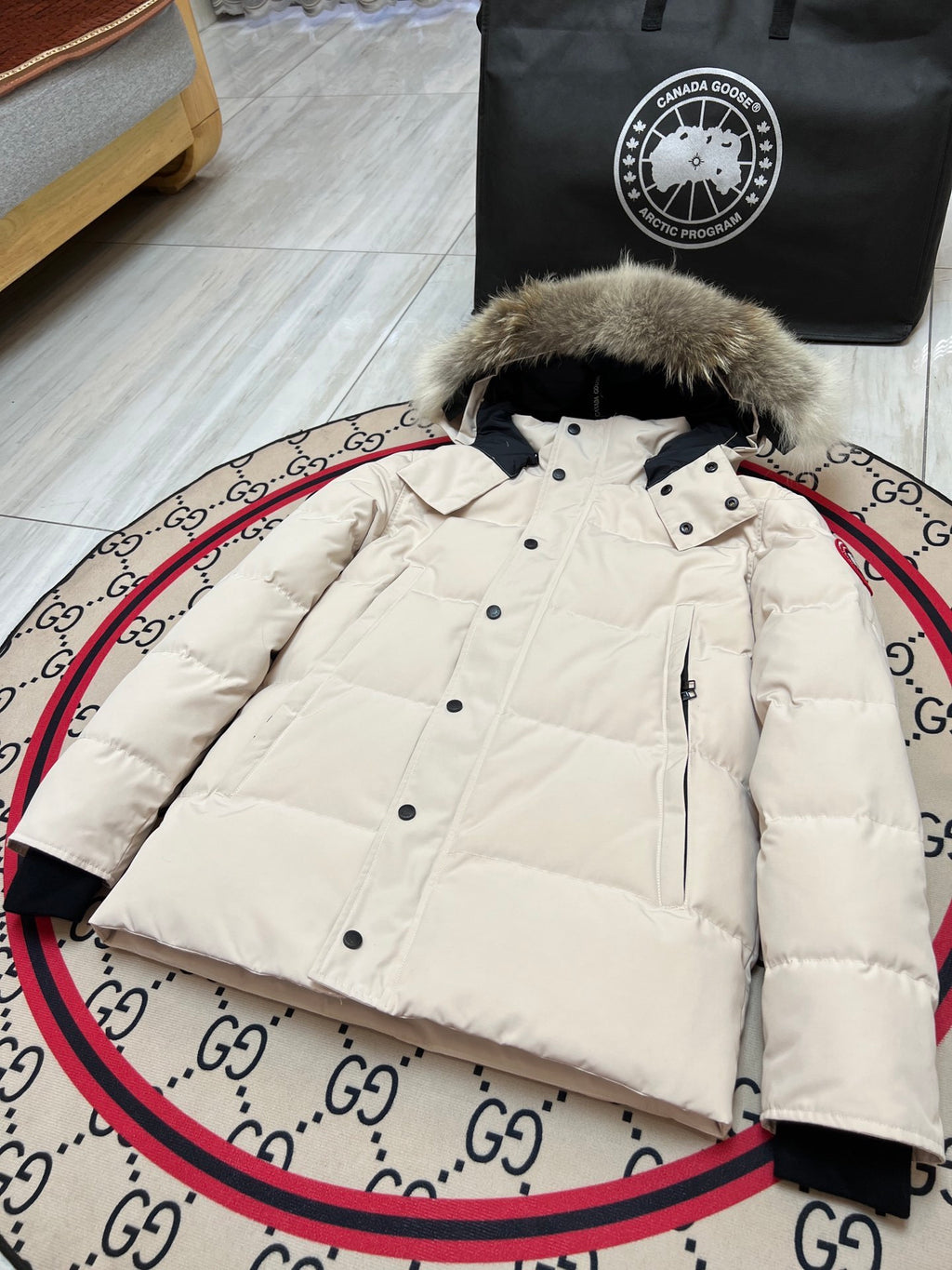 Canada Goose Cream Hooded Puffer Jacket with Textured Trim