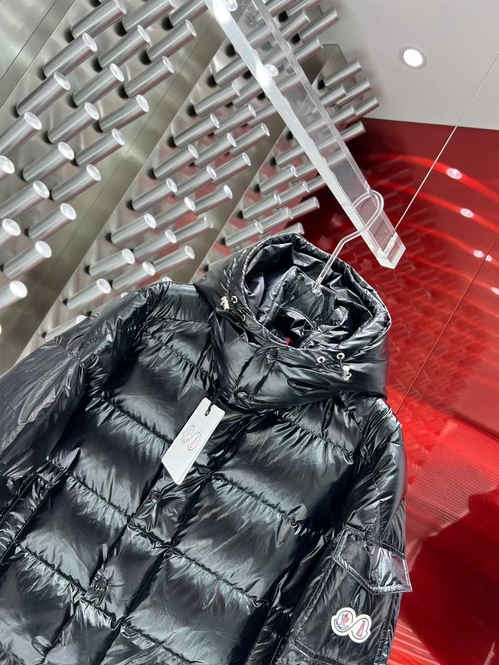 Moncler Black Glossy Hooded Puffer Jacket with Double Sleeve Patches