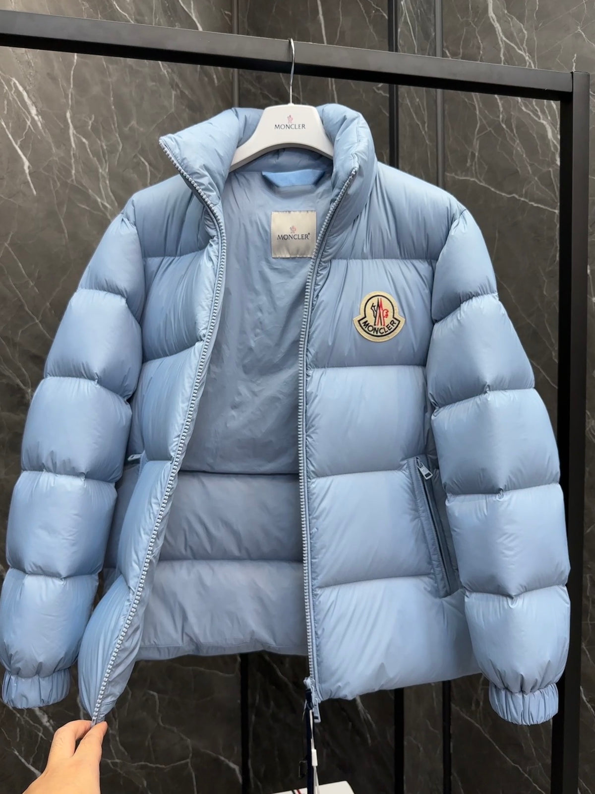 Moncler Light Blue Quilted Puffer Jacket with Stand Collar