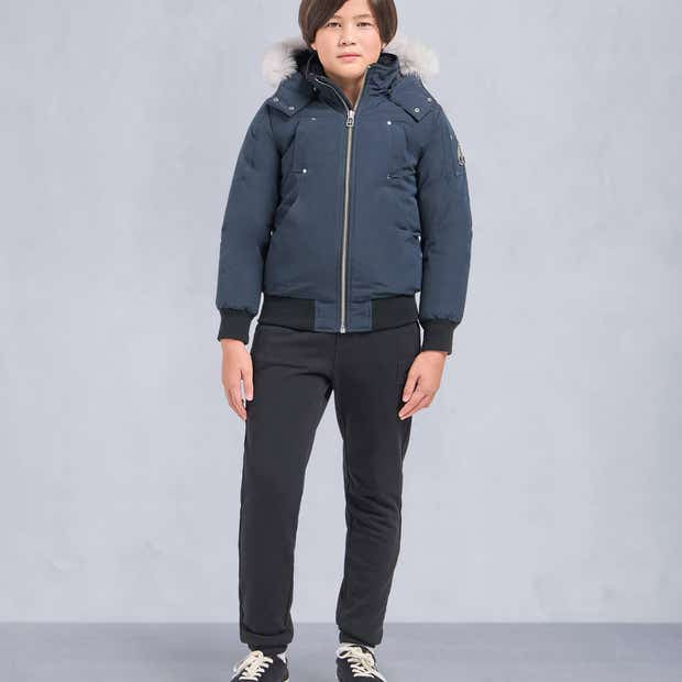Moose Knuckles Navy Hooded Bomber Jacket with Light Textured Trim