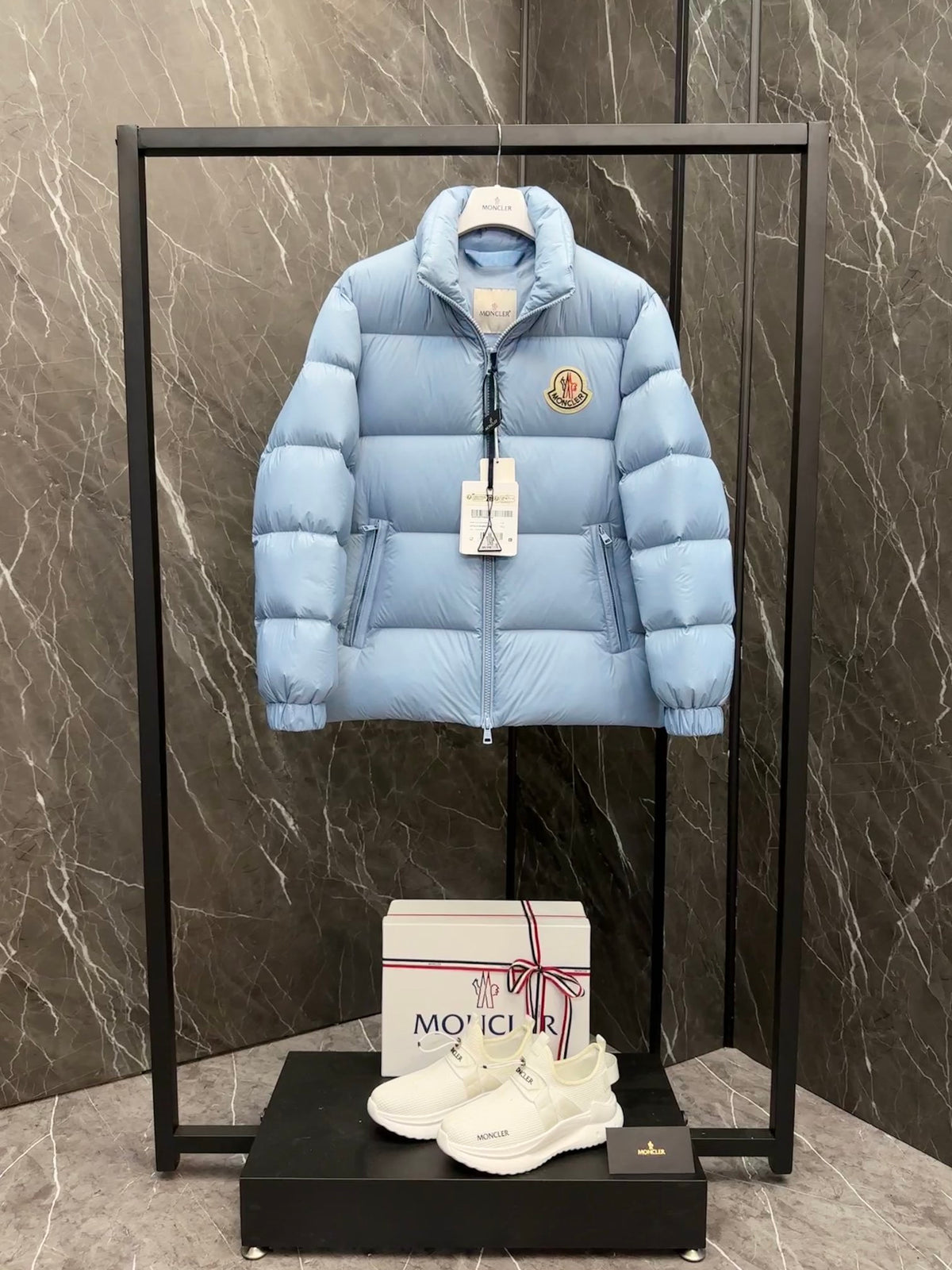 Moncler Light Blue Quilted Puffer Jacket with Stand Collar