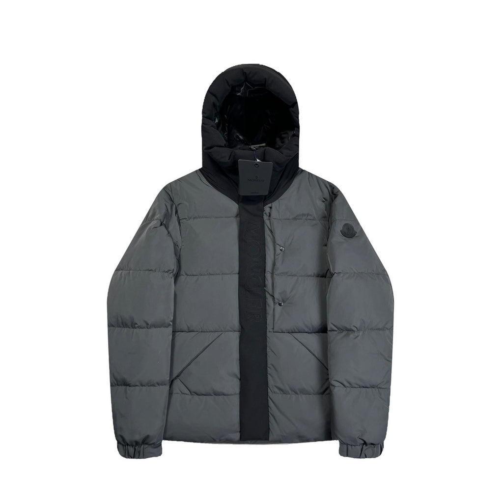 Moncler Grey Hooded Puffer Jacket with Black Contrast Panels