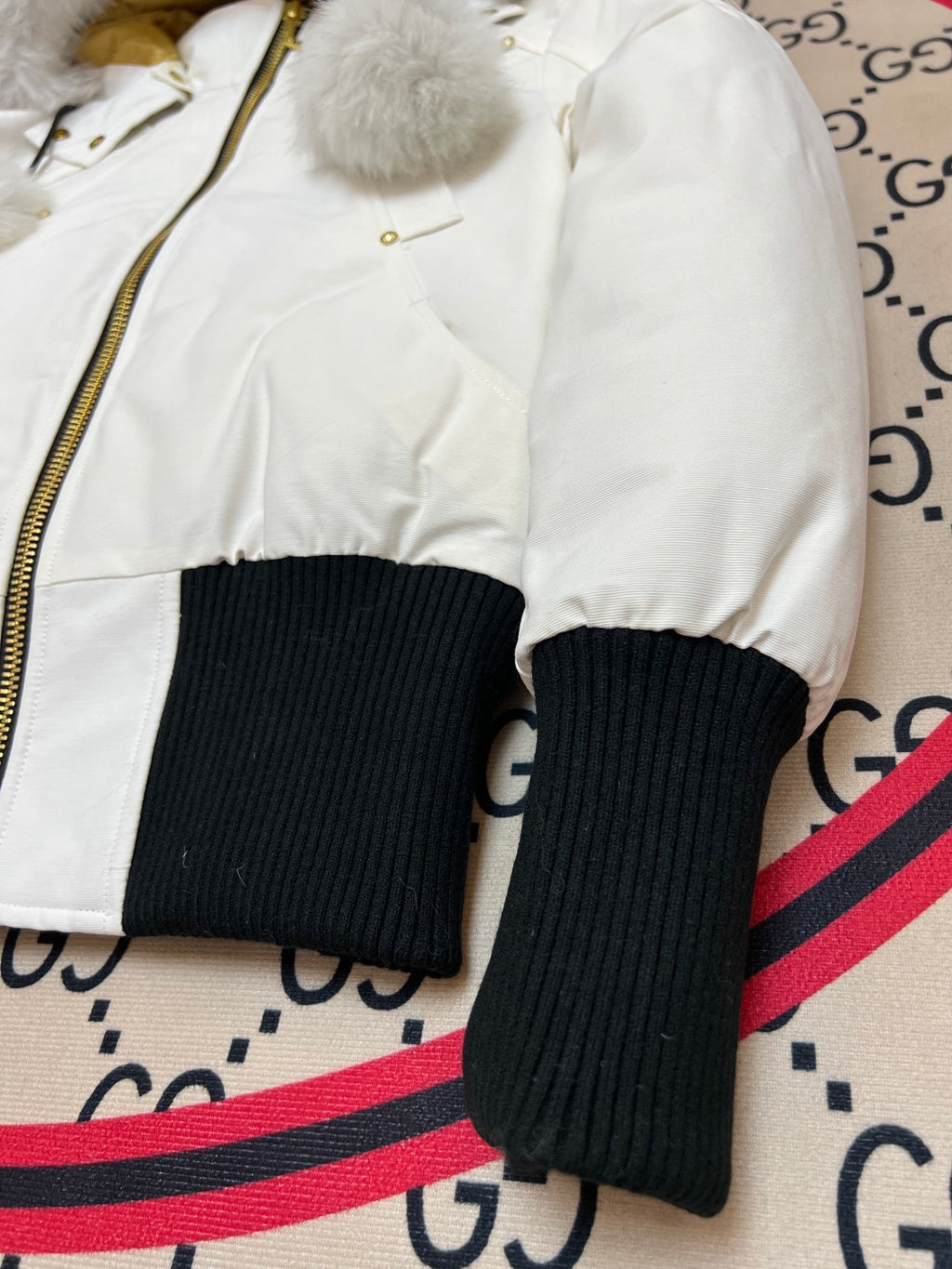 Moose Knuckles White Hooded Bomber Jacket with Black Ribbed Trim
