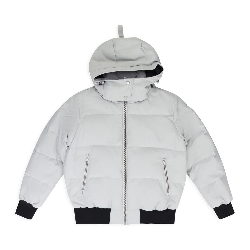 Moose Knuckles Light Grey Hooded Puffer Jacket with Black Ribbed Trim