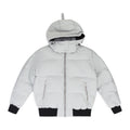 Moose Knuckles Light Grey Hooded Puffer Jacket with Black Ribbed Trim