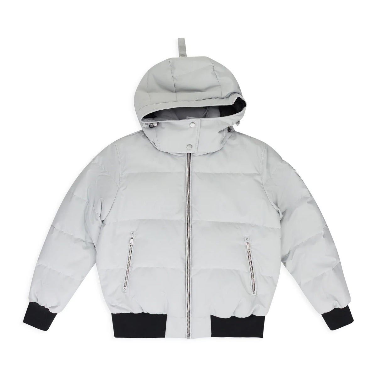 Moose Knuckles Light Grey Hooded Puffer Jacket with Black Ribbed Trim