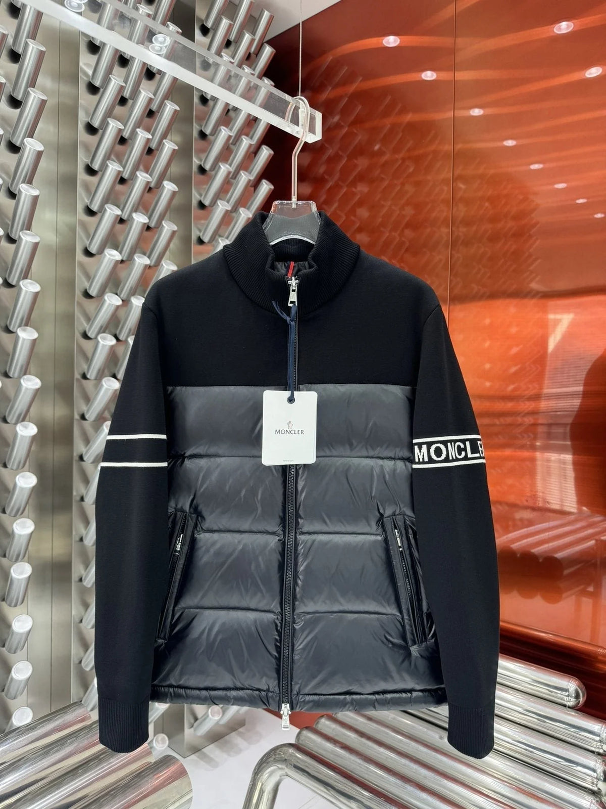 Moncler Black Hybrid Knit Jacket with Quilted Front