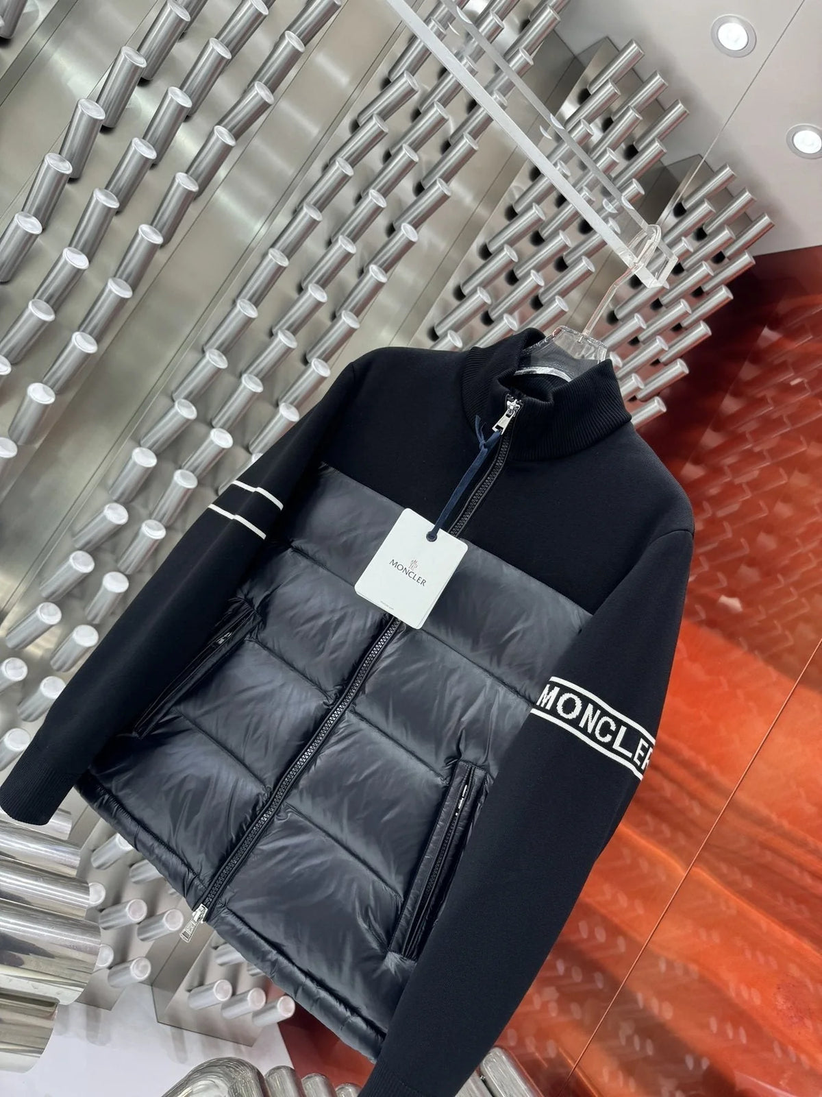 Moncler Black Hybrid Knit Jacket with Quilted Front