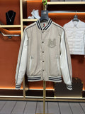 Moncler Beige Varsity Bomber Jacket with Contrast Sleeves