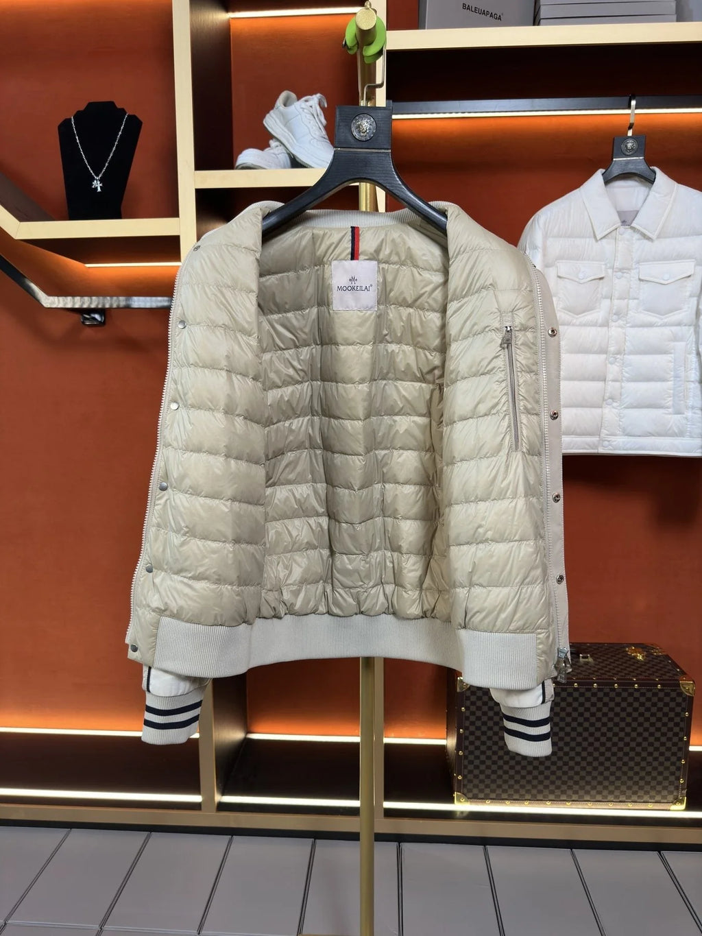 Moncler Beige Varsity Bomber Jacket with Contrast Sleeves