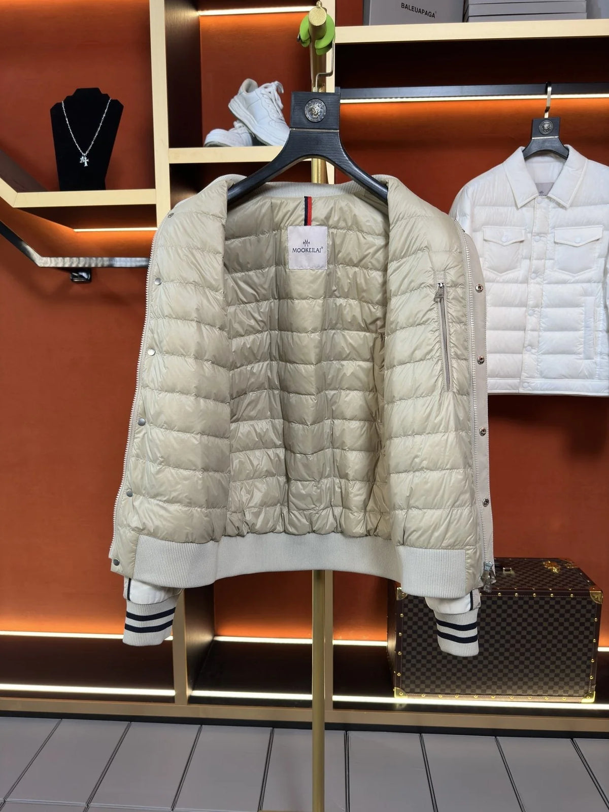 Moncler Beige Varsity Bomber Jacket with Contrast Sleeves