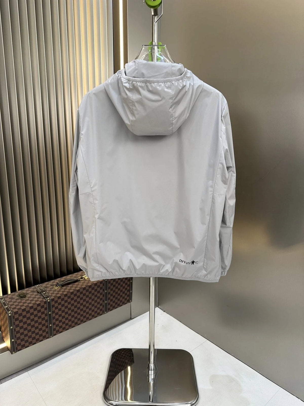 Moncler Light Grey Hooded Zip-Up Jacket with Chest Logo
