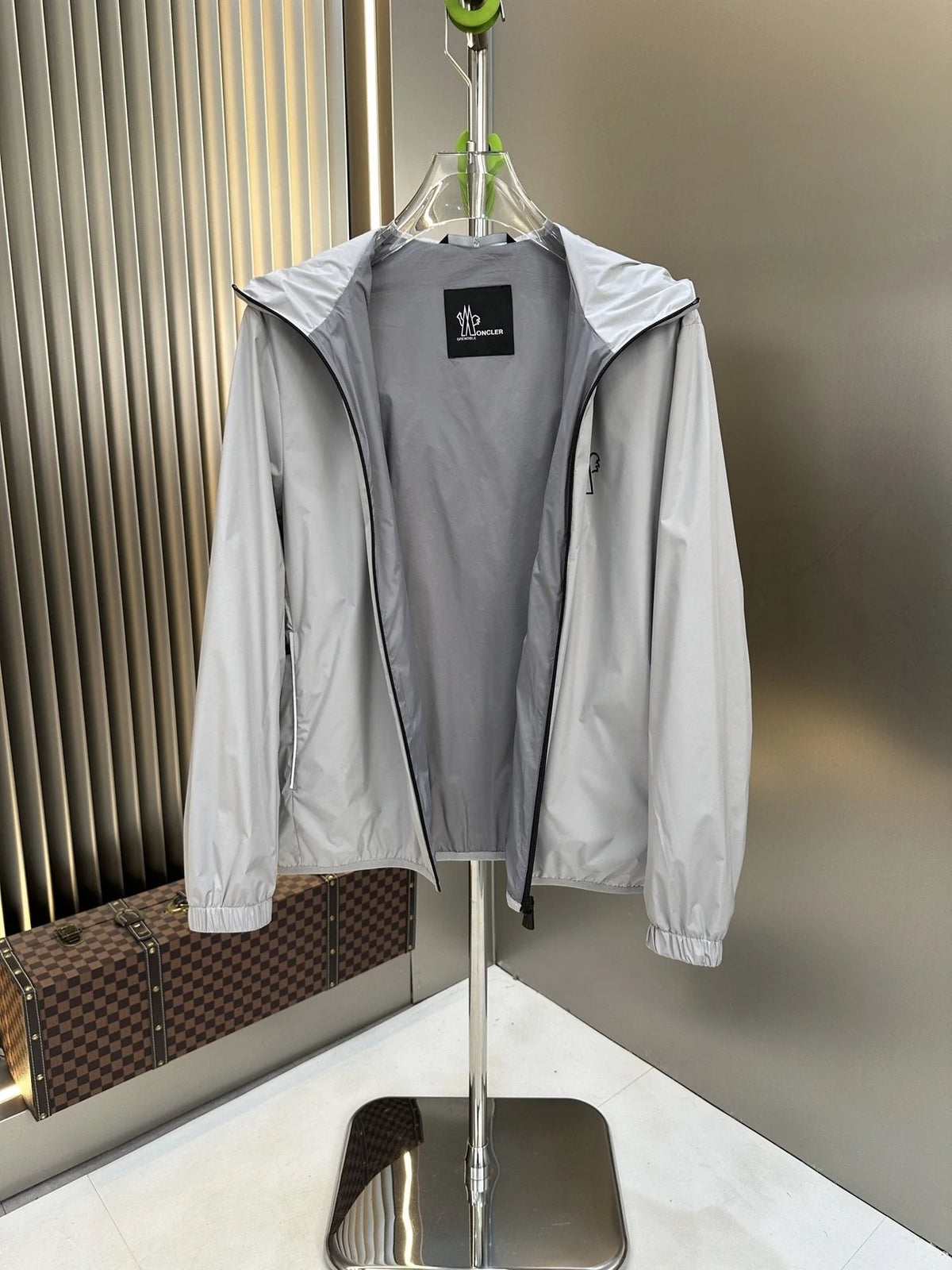 Moncler Light Grey Hooded Zip-Up Jacket with Chest Logo