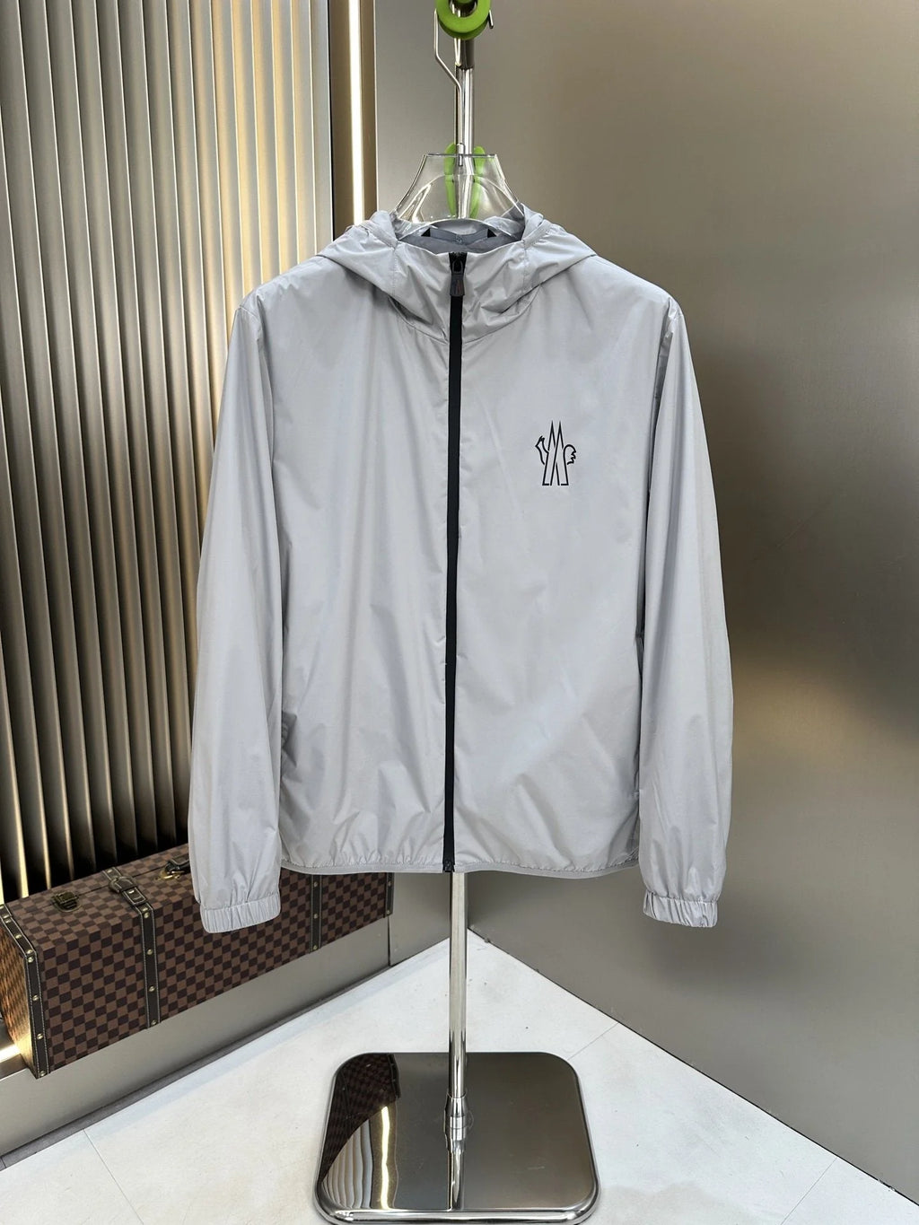 Moncler Light Grey Hooded Zip-Up Jacket with Chest Logo