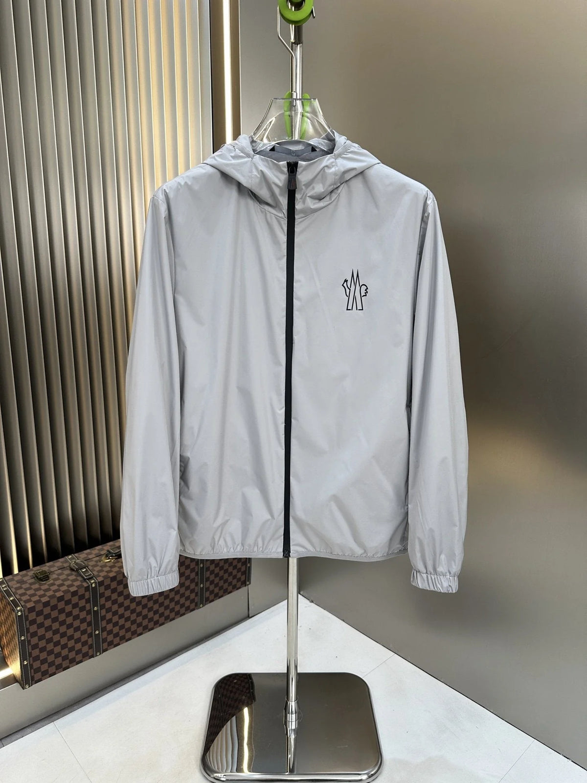 Moncler Light Grey Hooded Zip-Up Jacket with Chest Logo