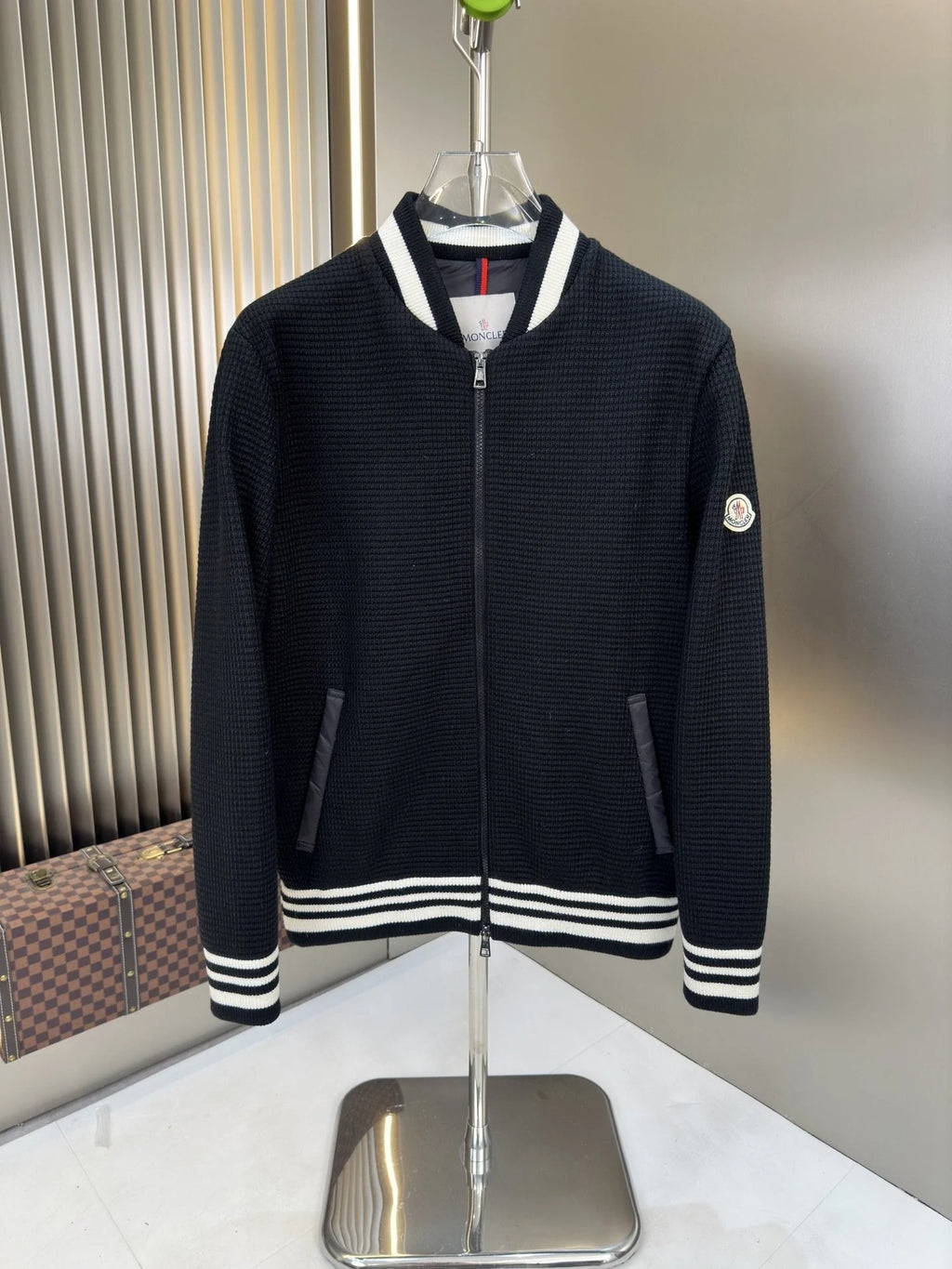 Moncler Black Knit Bomber Jacket with Quilted Back