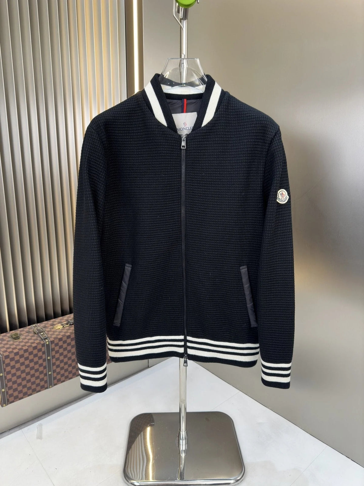 Moncler Black Knit Bomber Jacket with Quilted Back