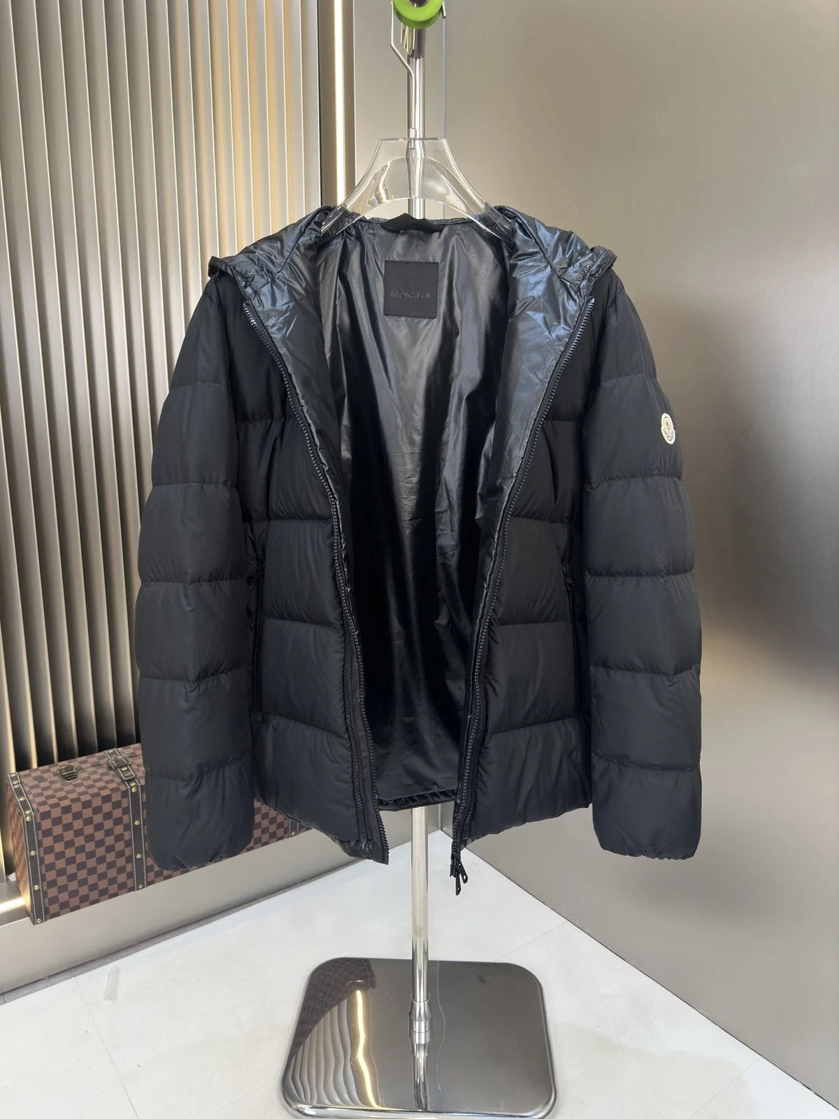 Moncler Black Quilted Jacket with Glossy Hood Detail