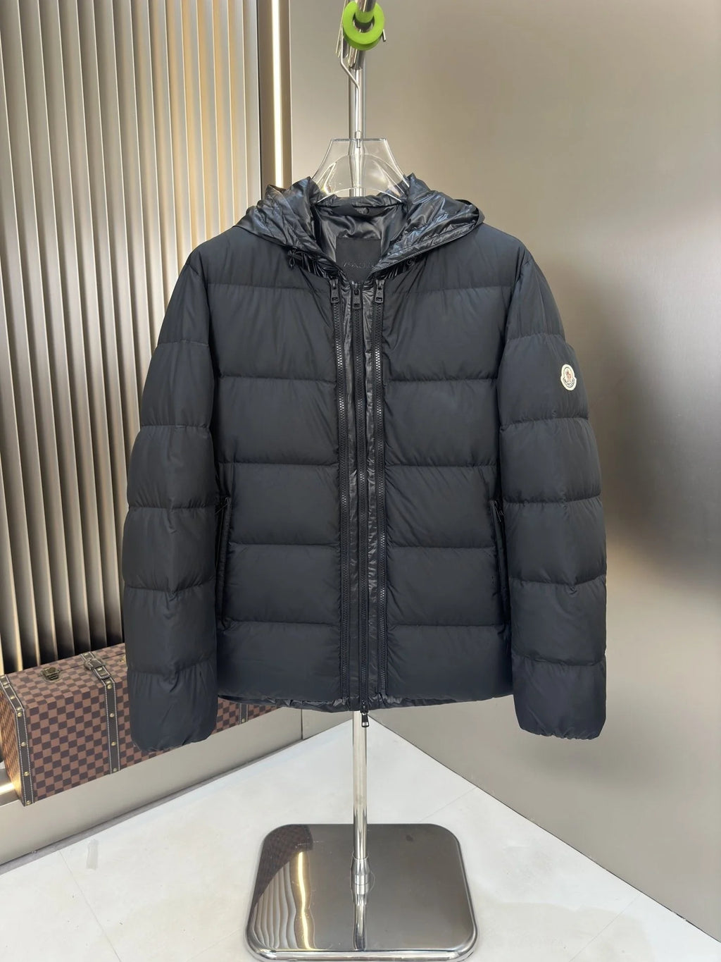 Moncler Black Quilted Jacket with Glossy Hood Detail