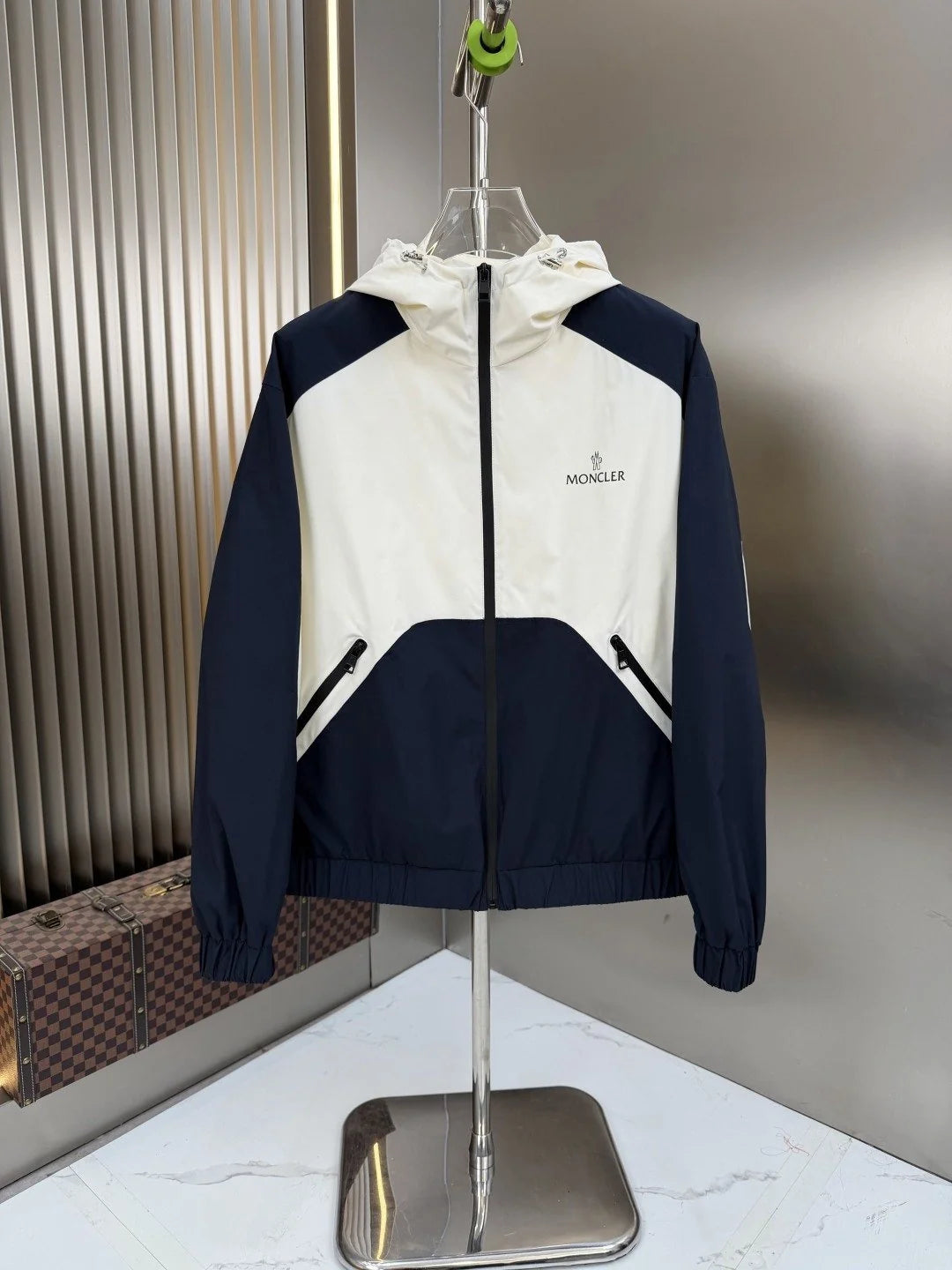 Moncler Navy and White Color-Block Hooded Zip-Up Jacket