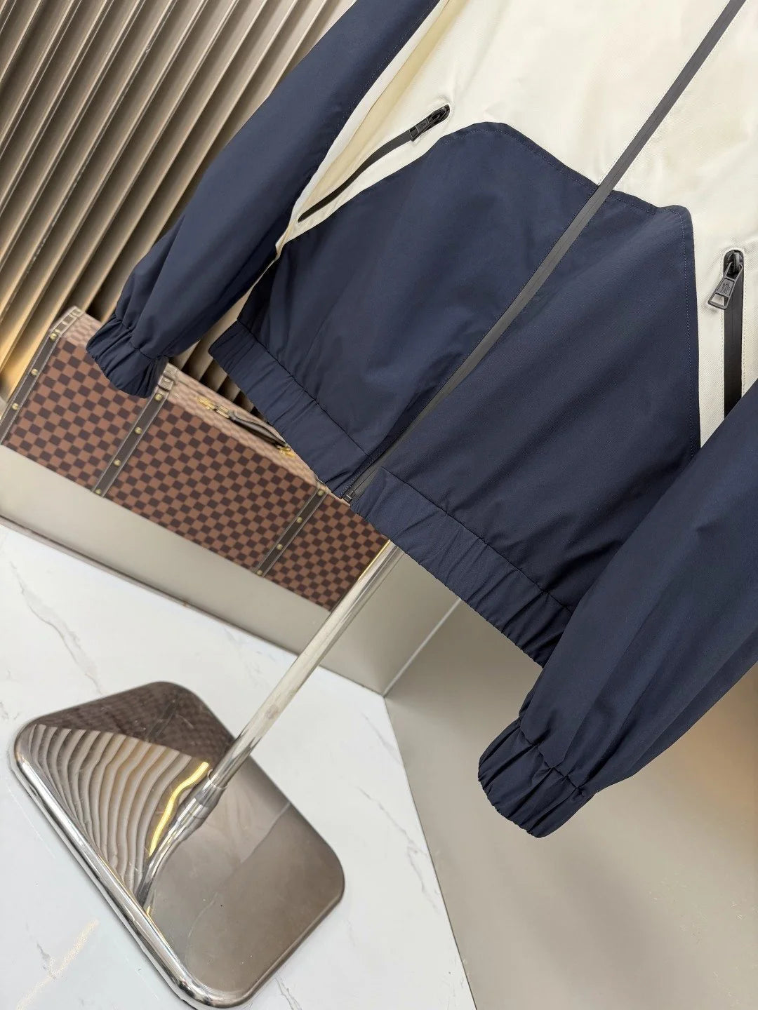 Moncler Navy and White Color-Block Hooded Zip-Up Jacket