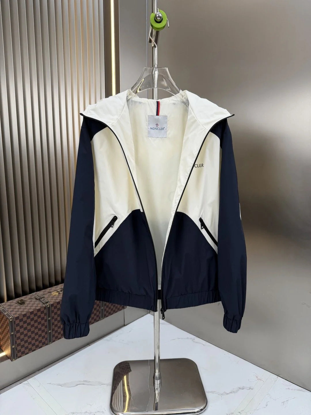 Moncler Navy and White Color-Block Hooded Zip-Up Jacket