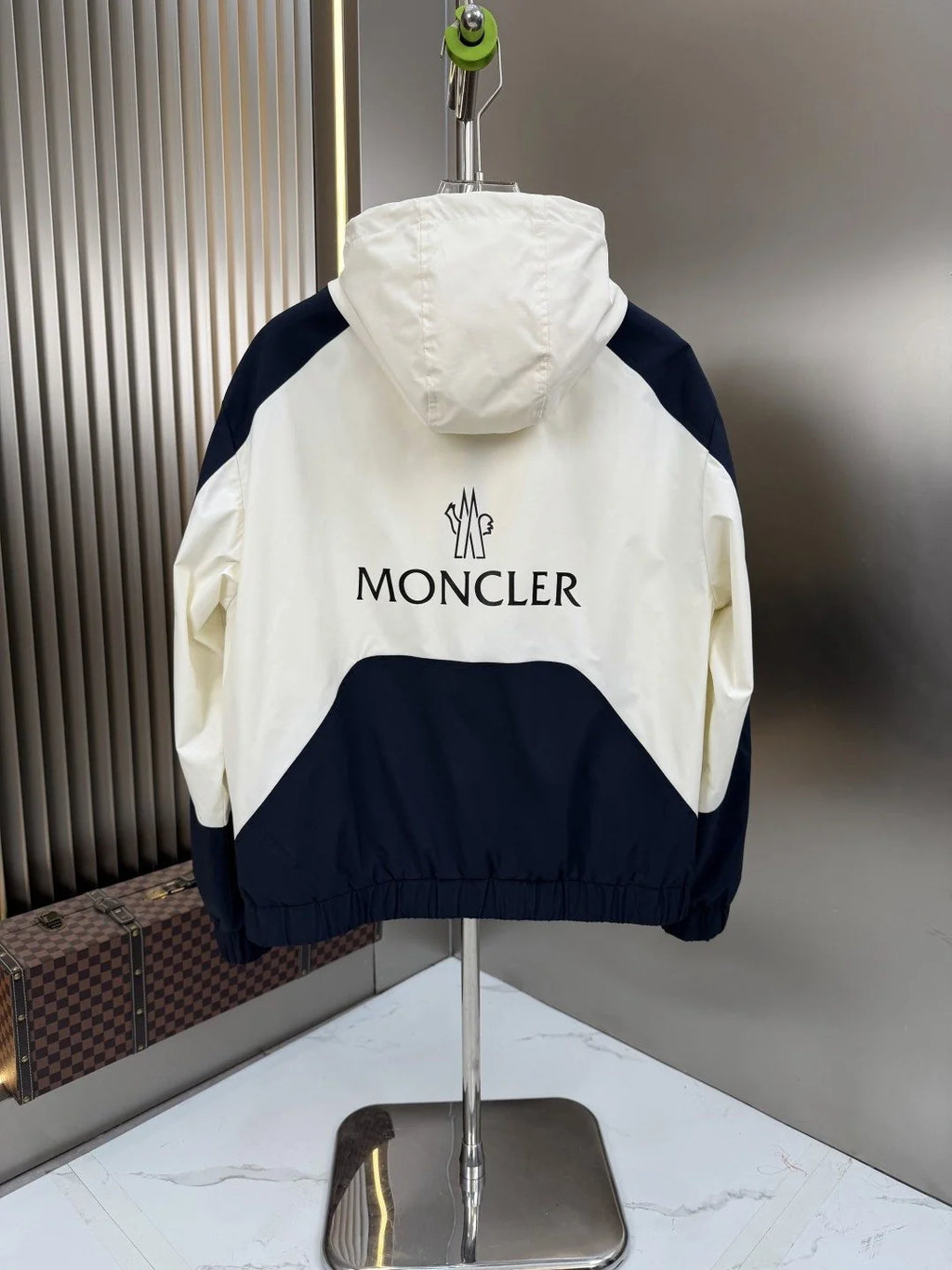 Moncler Navy and White Color-Block Hooded Zip-Up Jacket