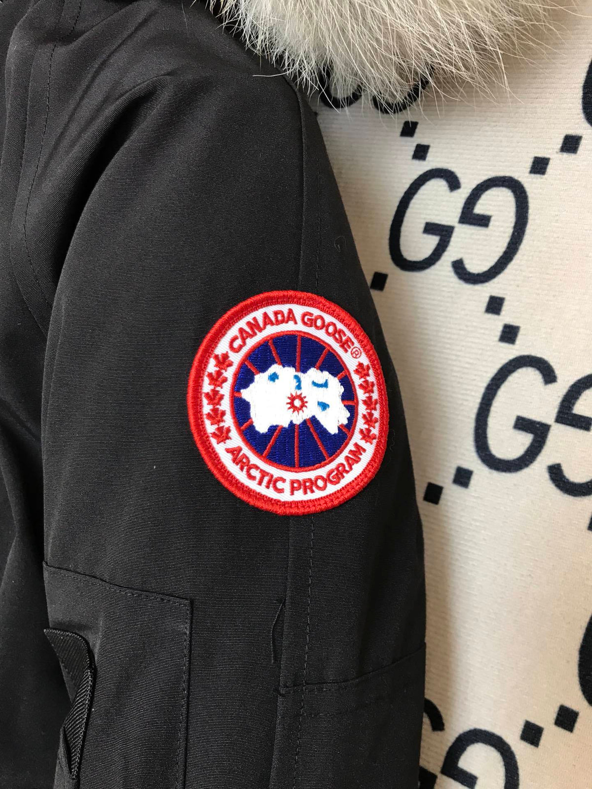 Canada Goose Black Hooded Bomber Jacket with Textured Trim