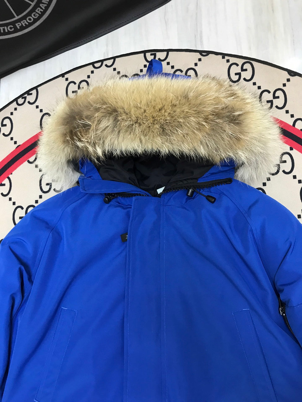 Canada Goose Blue Hooded Bomber Jacket with Textured Trim