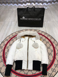Moose Knuckles White Hooded Bomber Jacket with Black Ribbed Trim