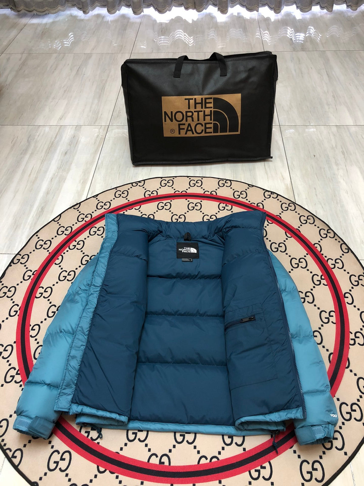 The North Face Teal Blue & Navy Colorblock Puffer Jacket