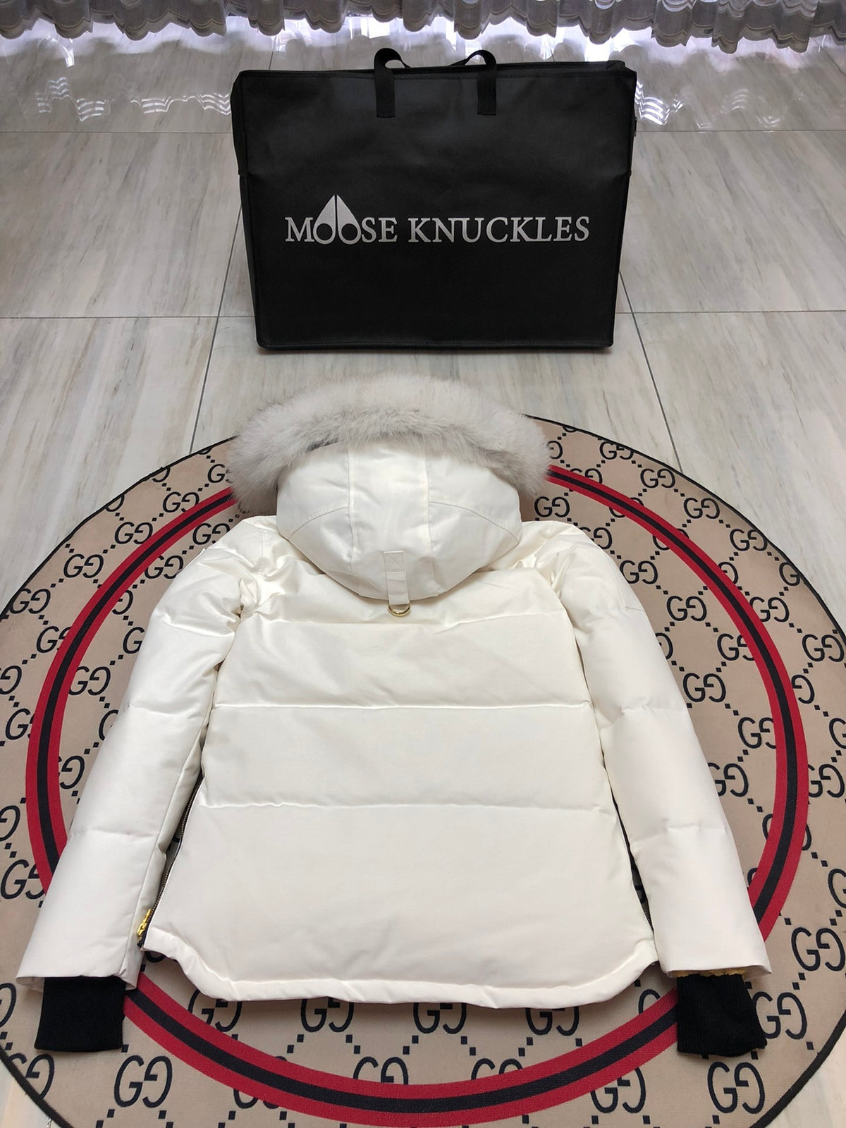 Moose Knuckles White Hooded Puffer Jacket with Gold-Tone Details
